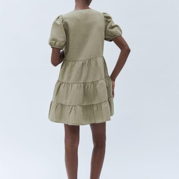 Zara Tiered Linen Blend Babydoll Dress V Neck Ruffled Hem Balloon Sleeve Size L - Picture 6 of 14